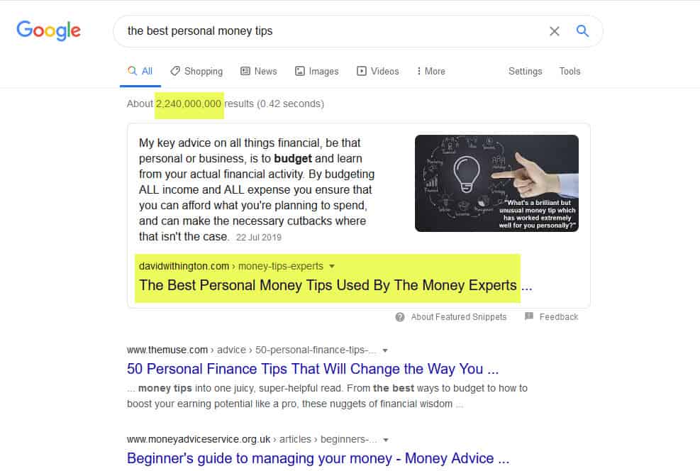 SEO on Personal Money Tips Blog