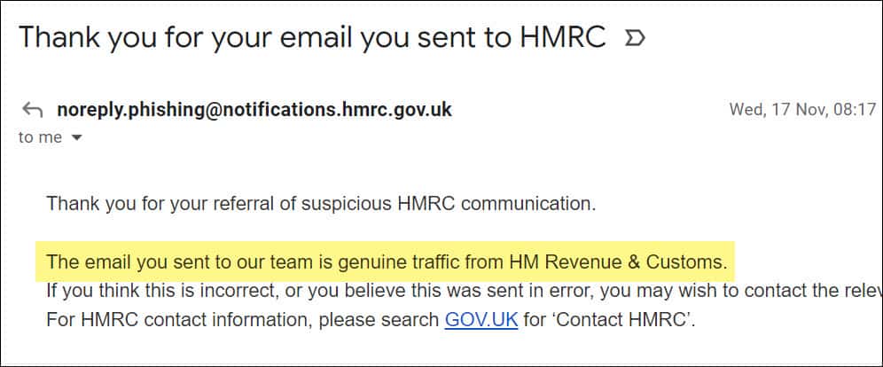 HMRC replied to my Phishing Report