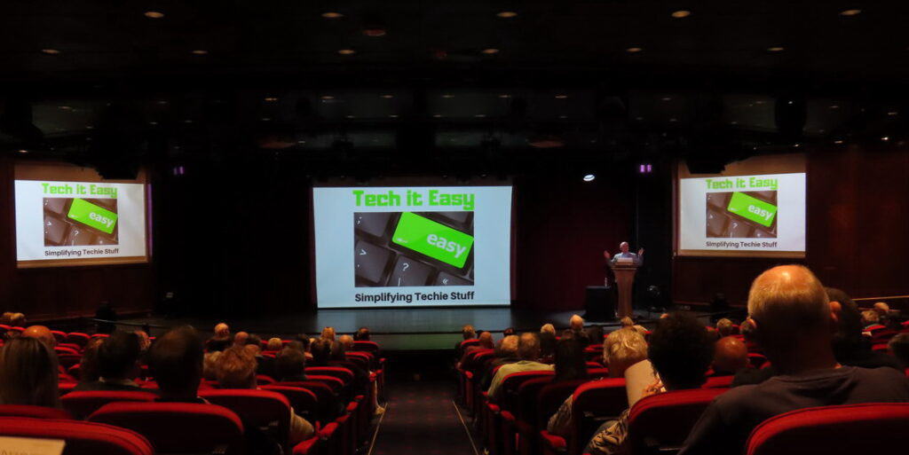 David doing a Tech it Easy lecture in a cruise ship theatre 1